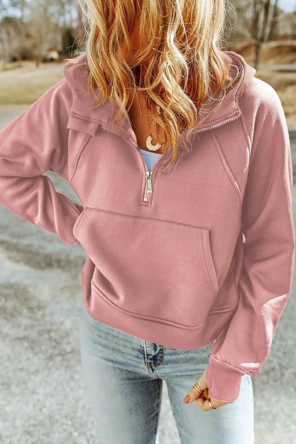 Active Wear Double Take Half-Zip Thumbhole Sleeve Pink Hoodies