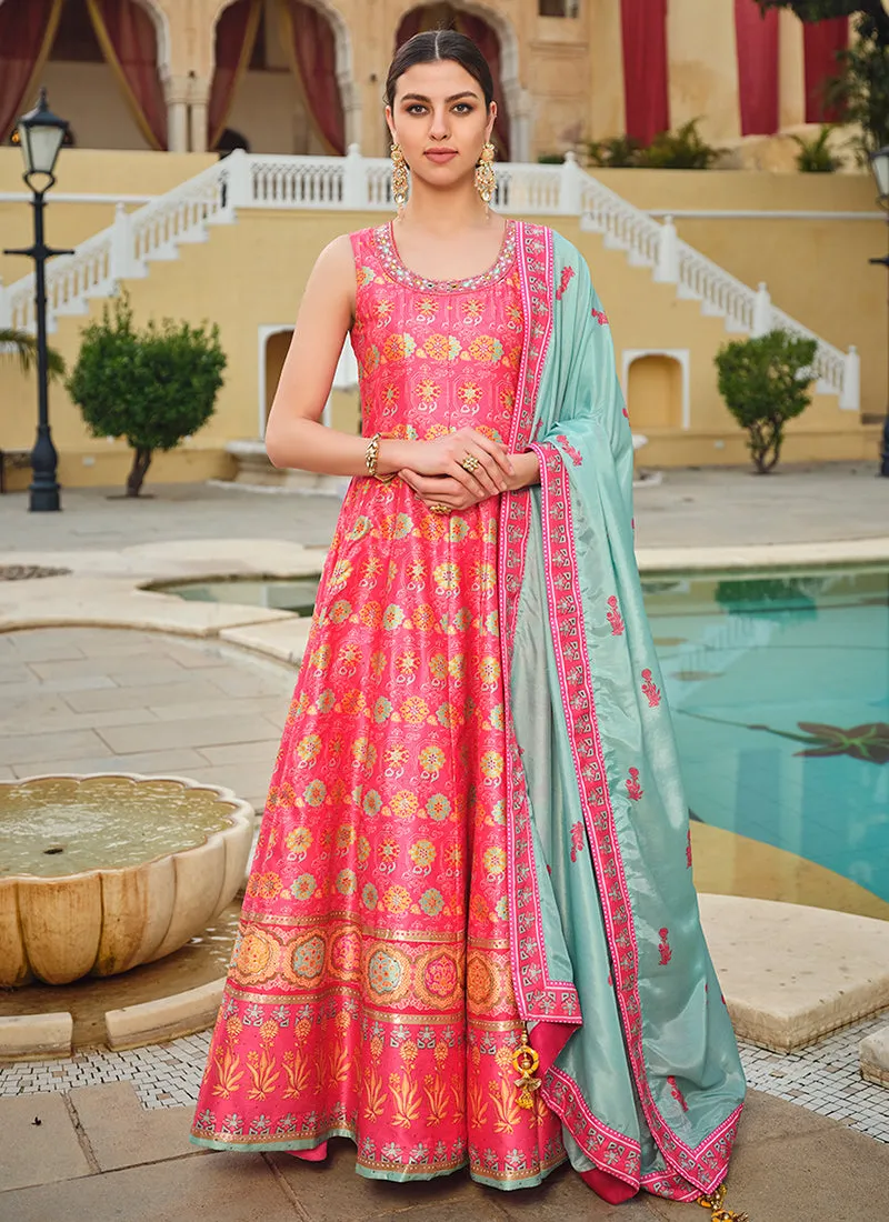 Bright Pink Embroidery And Printed Anarkali Gown