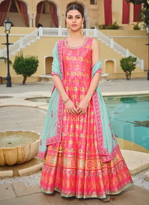 Bright Pink Embroidery And Printed Anarkali Gown