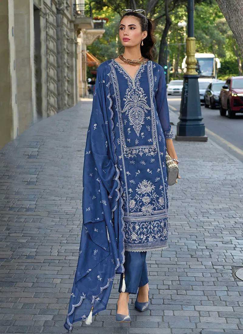 Dark Blue Traditional Embroidery Pant Style Suit