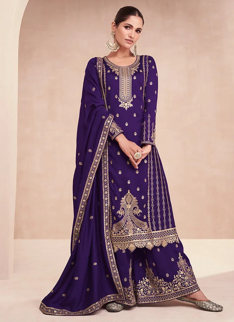 Deep Purple Embroidery Wedding Palazzo Suit