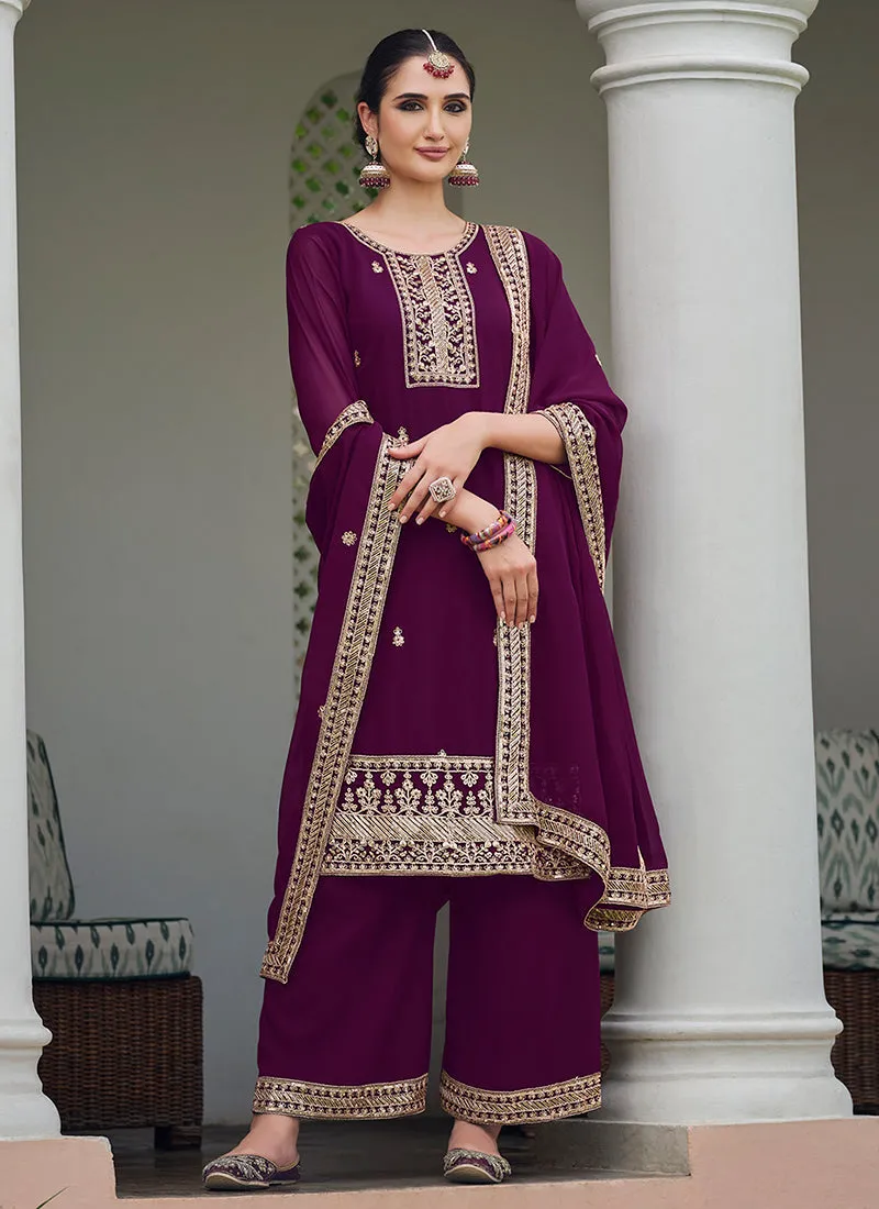 Deep Wine Embroidery Georgette Palazzo Suit