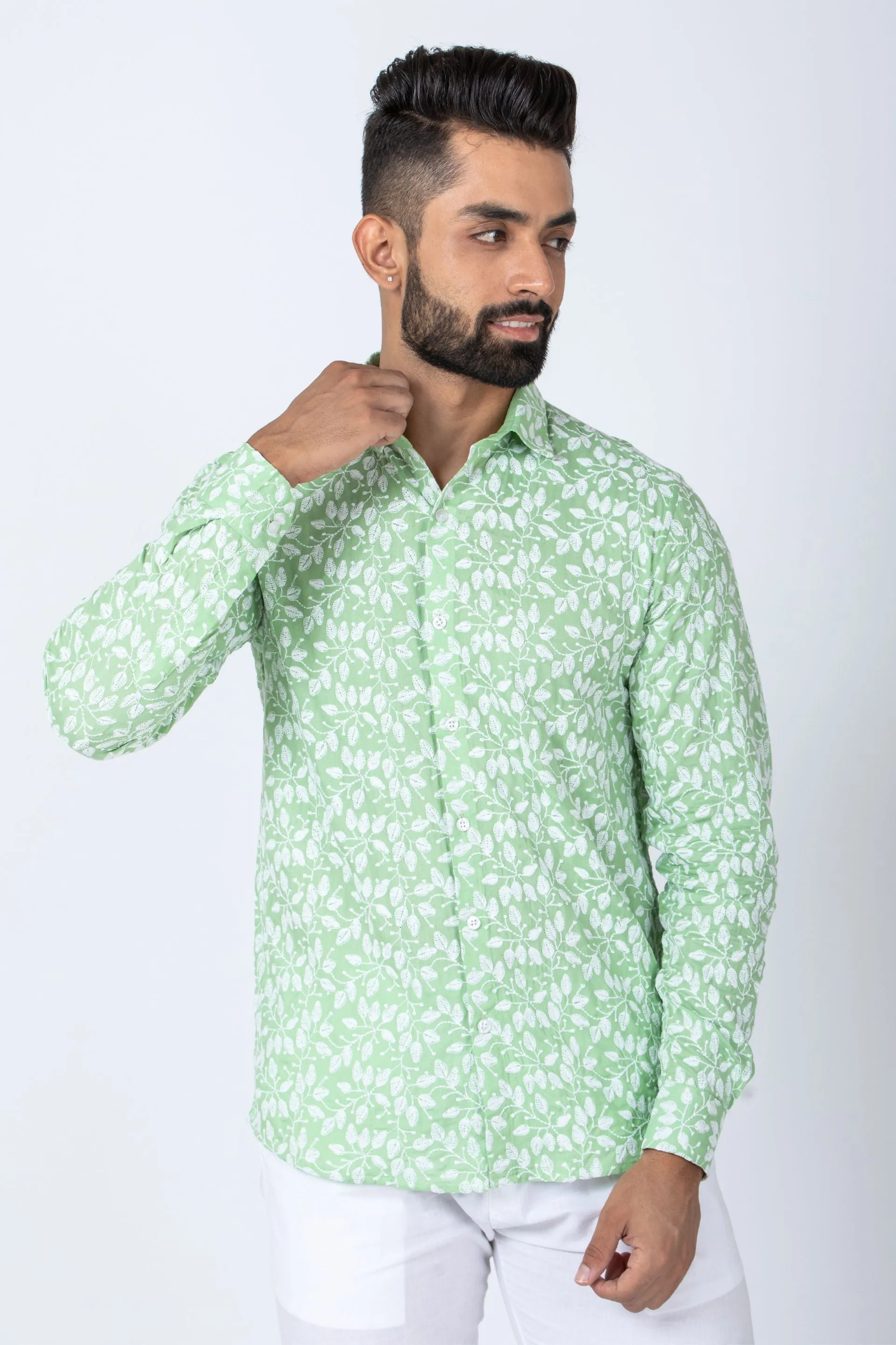 Firangi Yarn Super Soft Full Sleeves Chikankari schiffli Embroided Men's Shirt - Coastal Green Summer