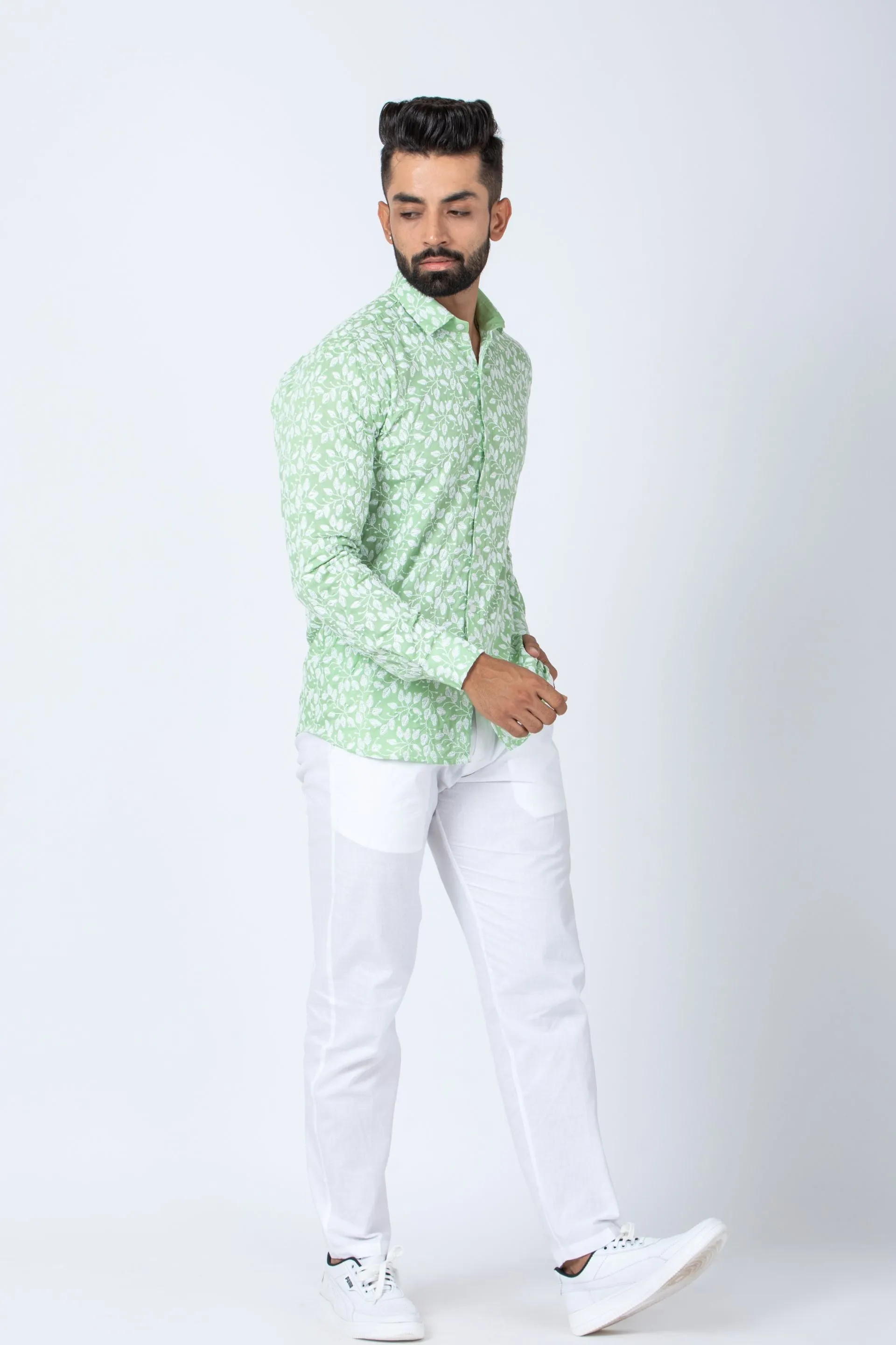 Firangi Yarn Super Soft Full Sleeves Chikankari schiffli Embroided Men's Shirt - Coastal Green Summer