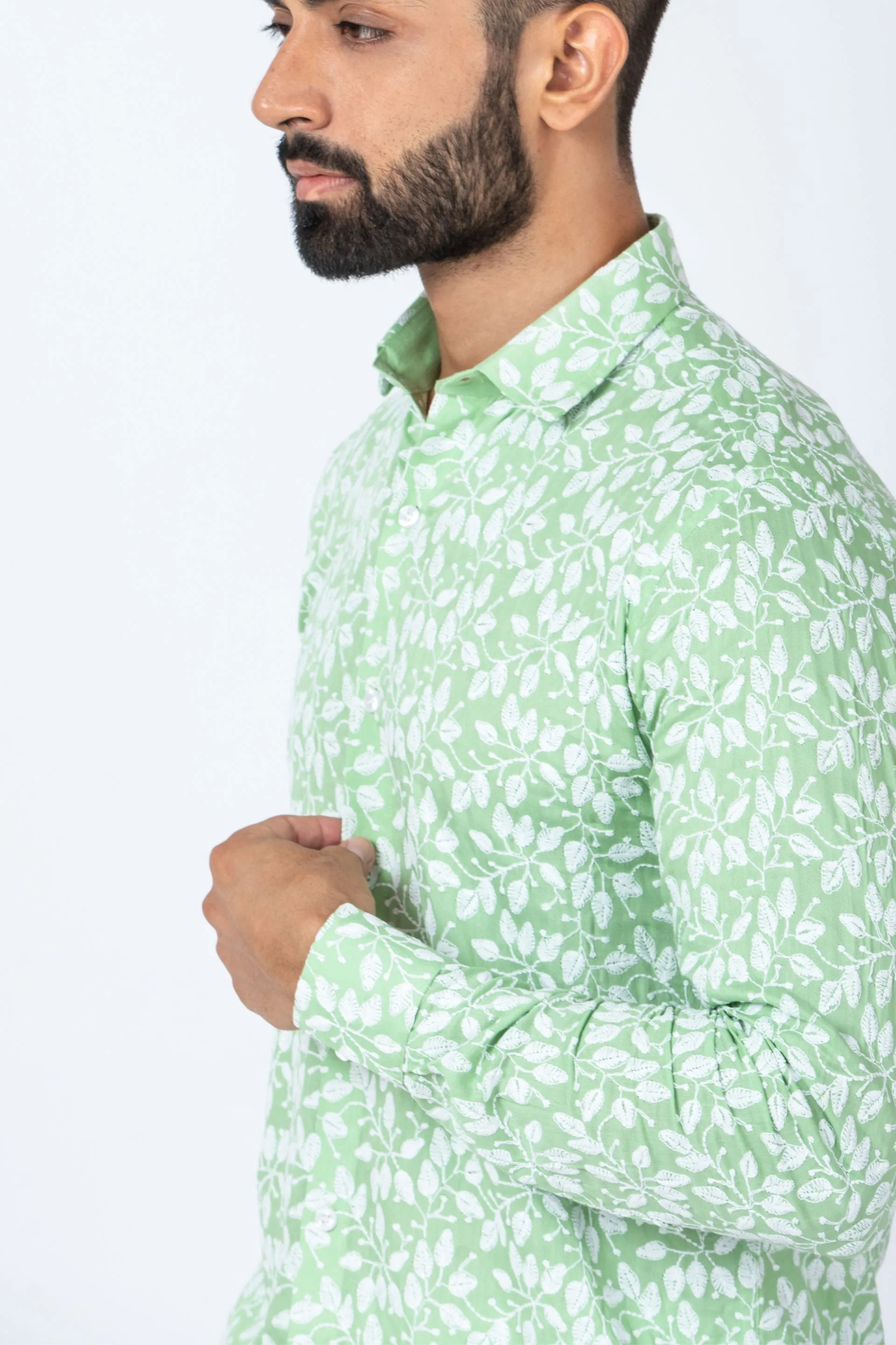 Firangi Yarn Super Soft Full Sleeves Chikankari schiffli Embroided Men's Shirt - Coastal Green Summer