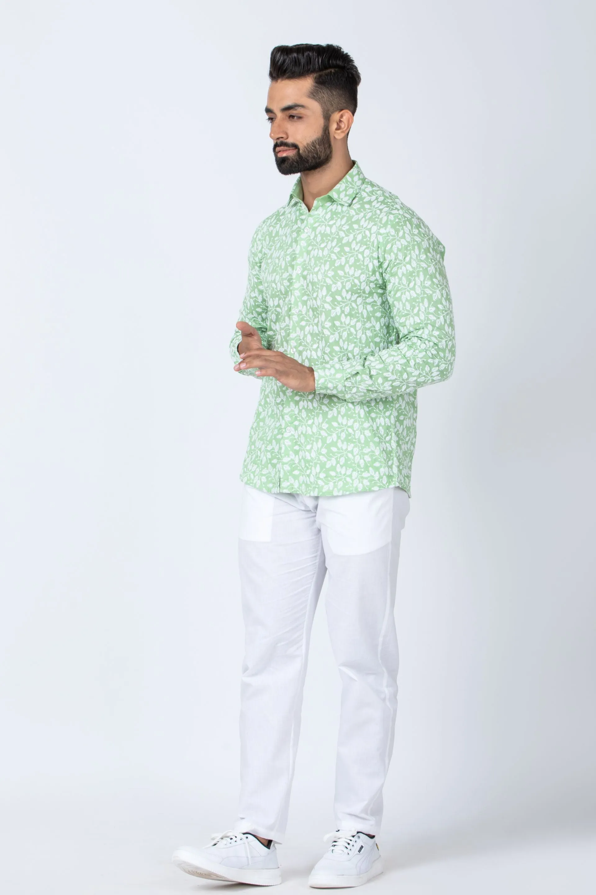 Firangi Yarn Super Soft Full Sleeves Chikankari schiffli Embroided Men's Shirt - Coastal Green Summer