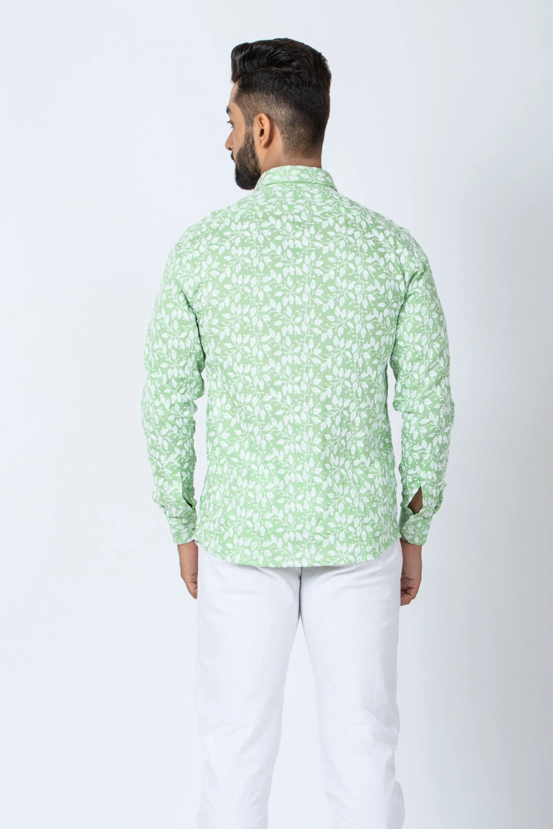 Firangi Yarn Super Soft Full Sleeves Chikankari schiffli Embroided Men's Shirt - Coastal Green Summer