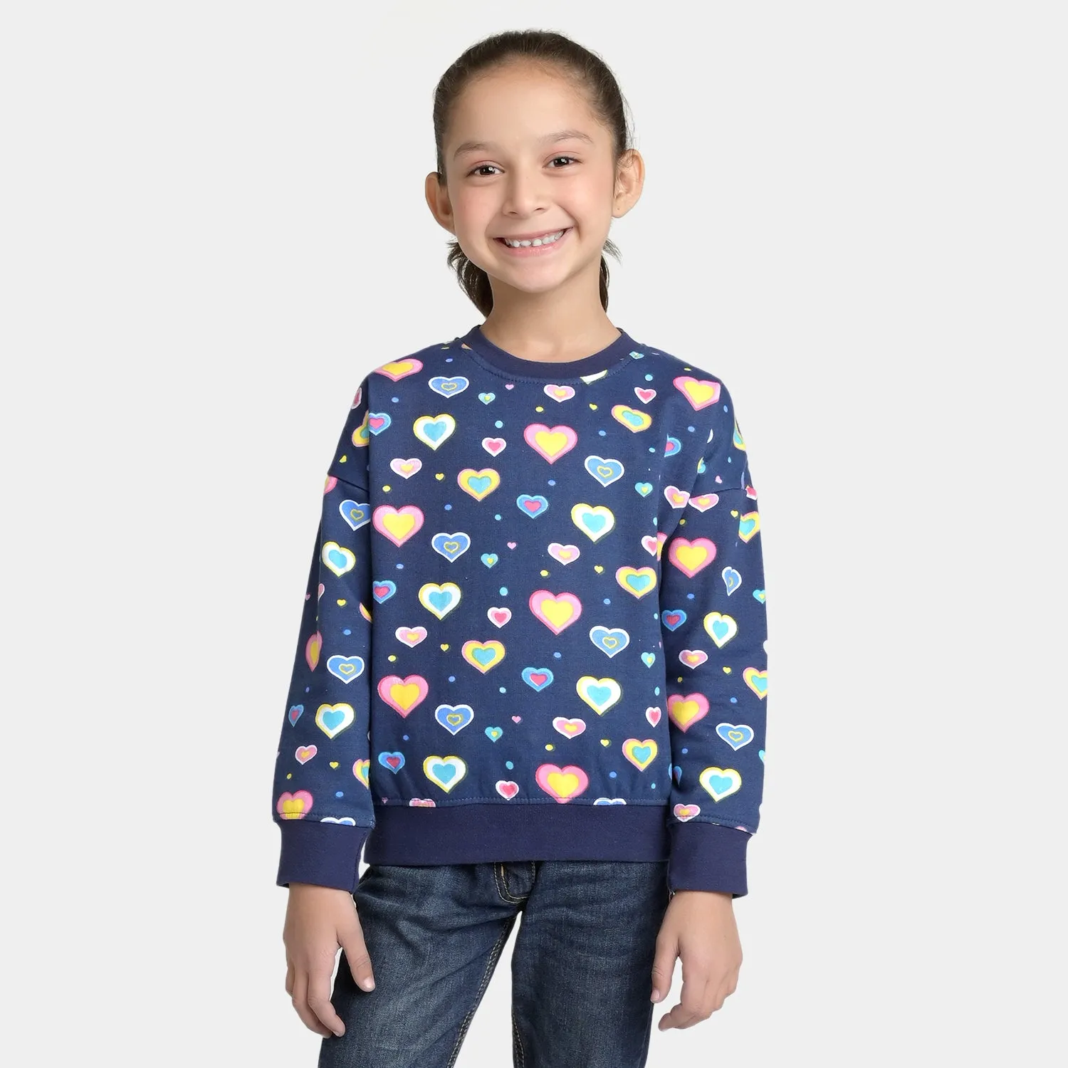 Girls Fleece Sweatshirt Hearts-Navy Blue