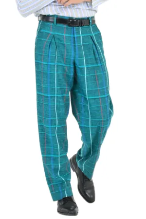 Green Checkered Pants With Front And Back Pleat