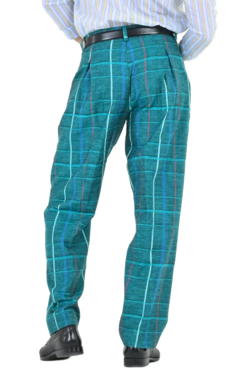 Green Checkered Pants With Front And Back Pleat