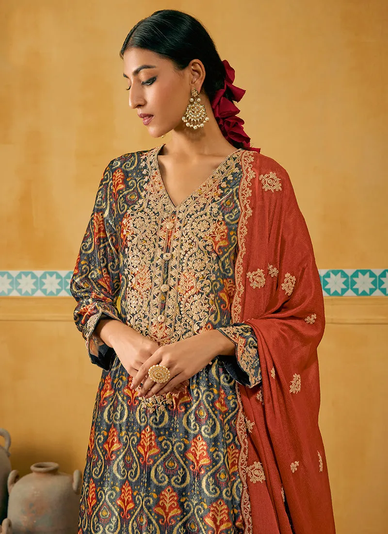 Grey And Orange Embroidered Velvet Kurta Pant Suit