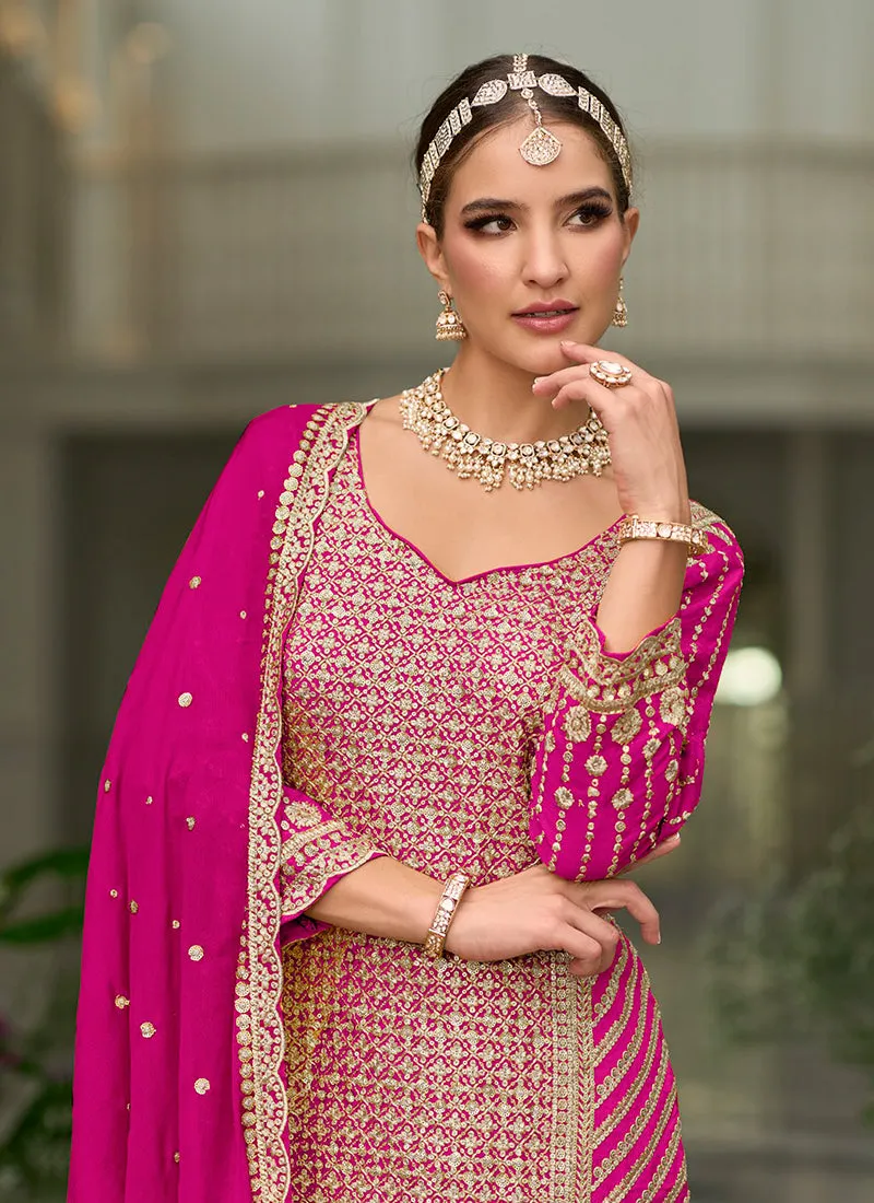 Hot Pink Traditional Sequence Embroidery Festive Palazzo Suit