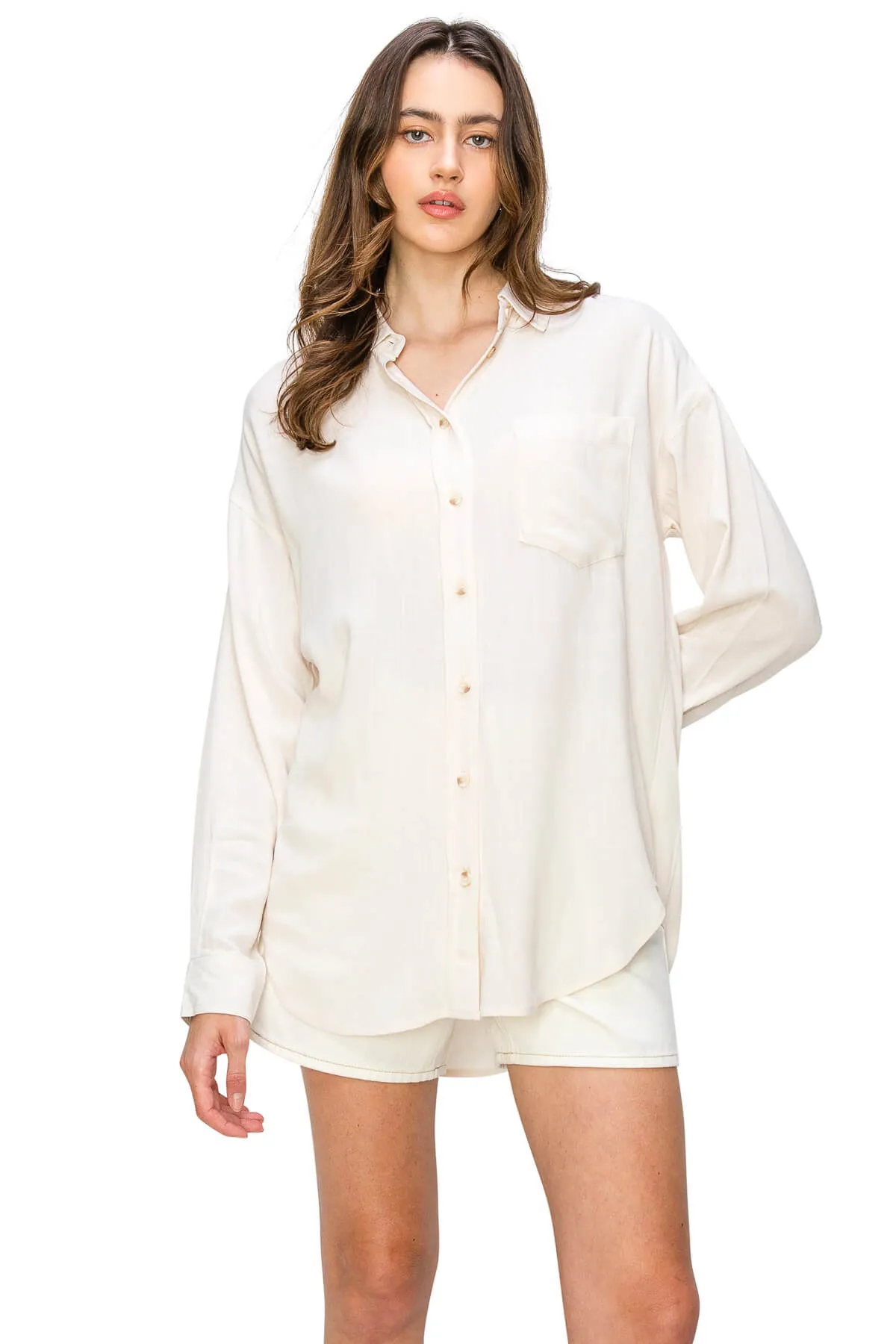 Linen-Like Relaxed Button Down Shirt - Oatmeal