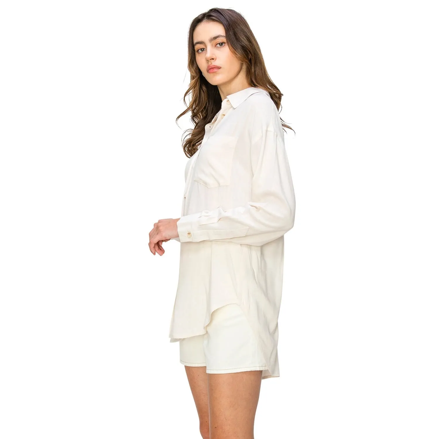 Linen-Like Relaxed Button Down Shirt - Oatmeal