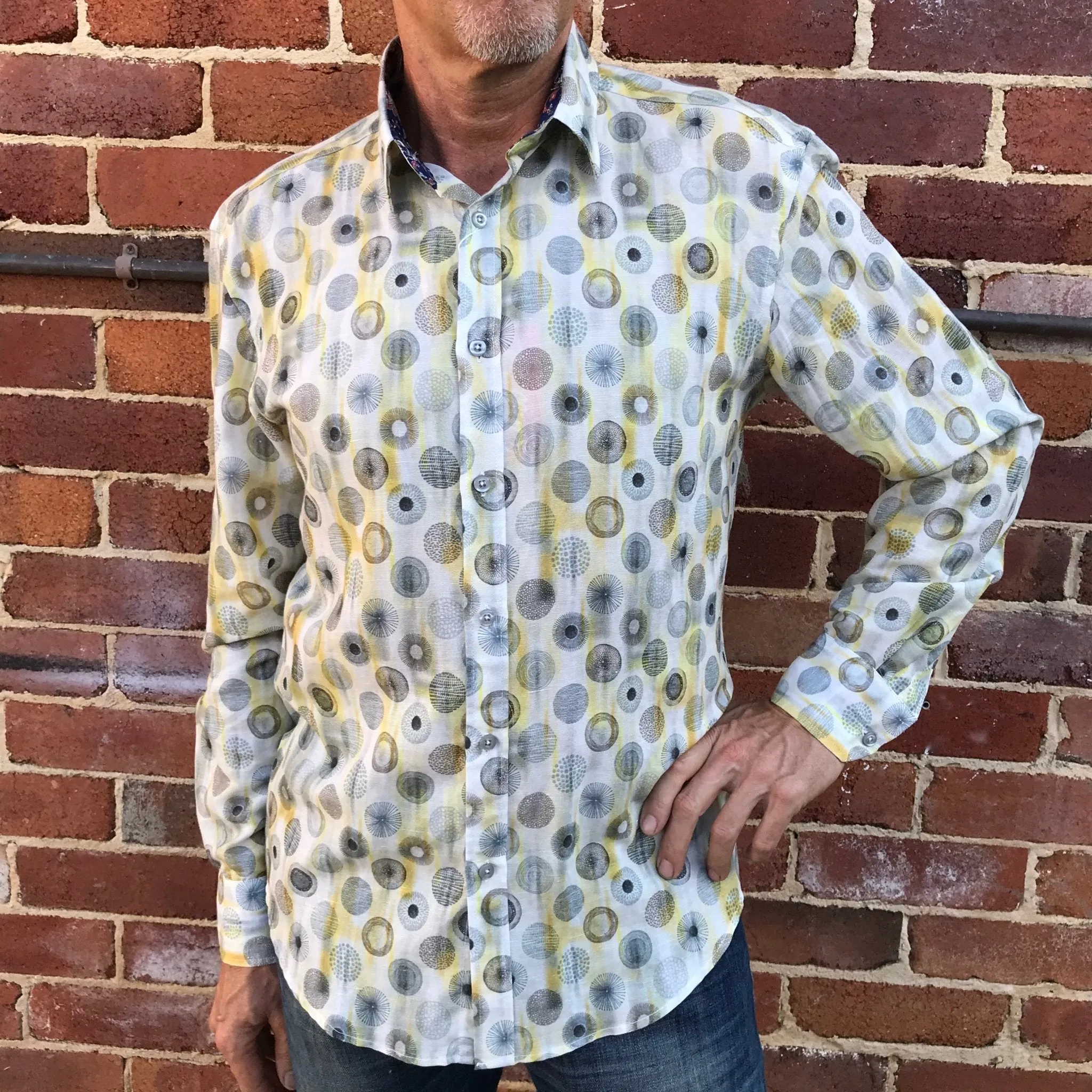 Linen/Tencel L/S Grey Yellow Patterned Shirt - New