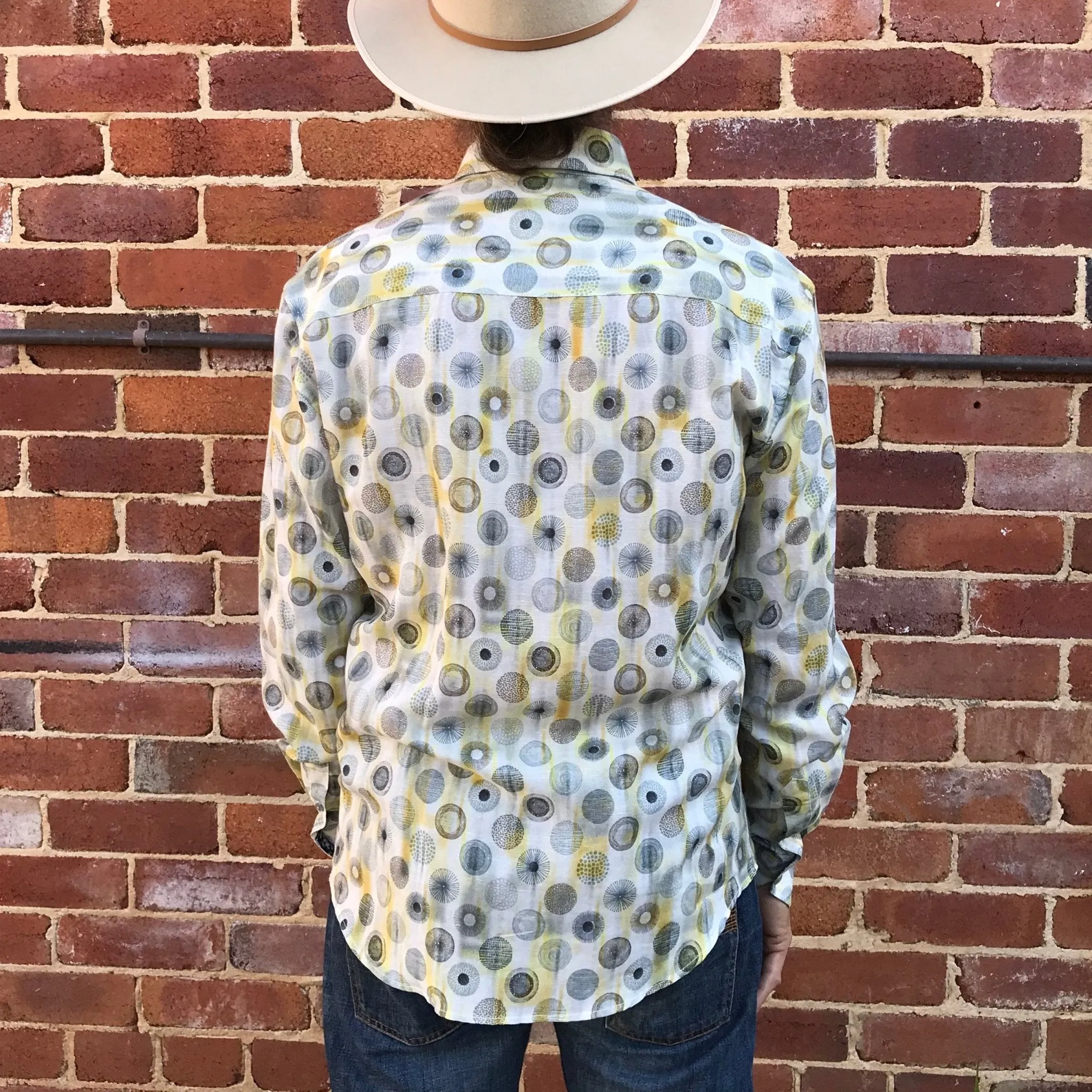 Linen/Tencel L/S Grey Yellow Patterned Shirt - New