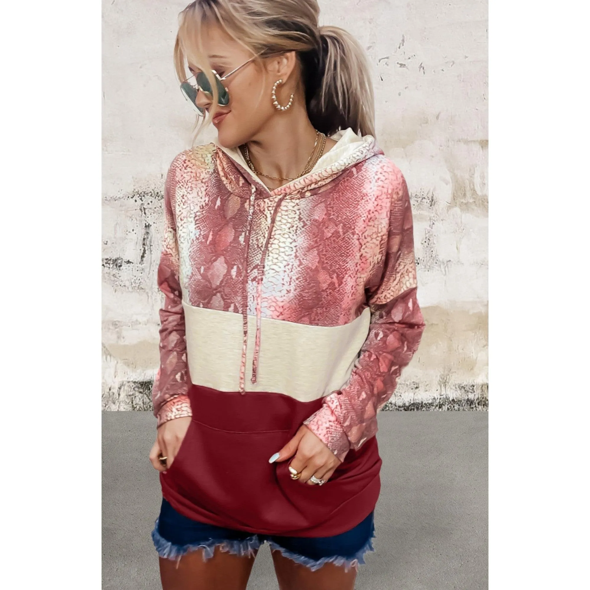 Long Sleeve Snakeskin Patchwork  Hoodie