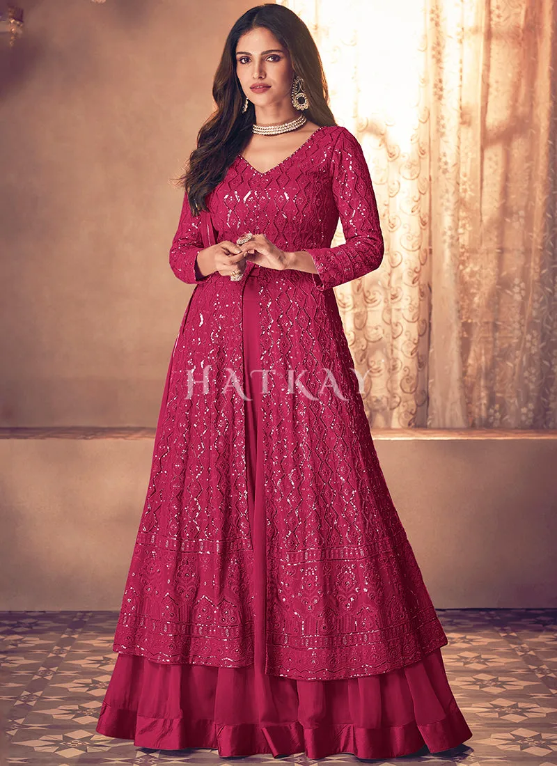 Magenta Traditional Sequence Embroidered Wedding Anarkali Lehenga Style Suit