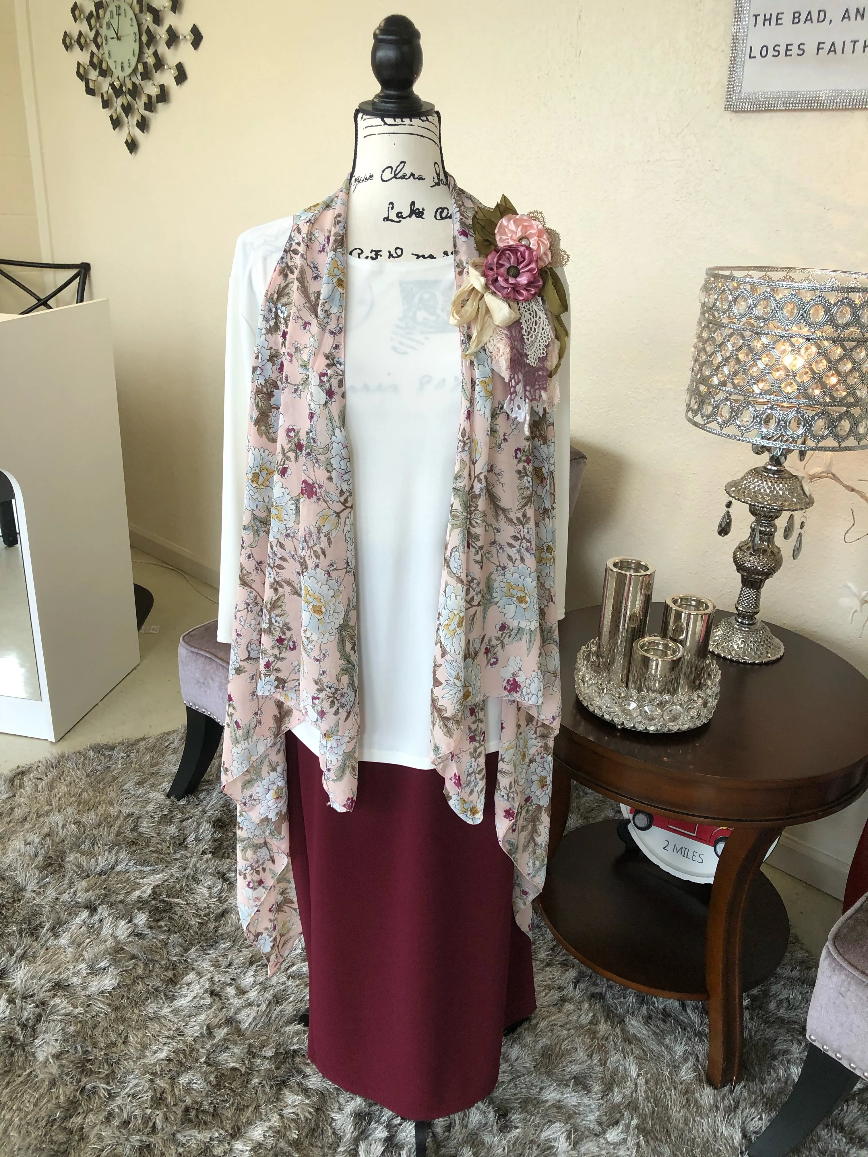 Pink Floral Chiffon Scarf Vest (OS)