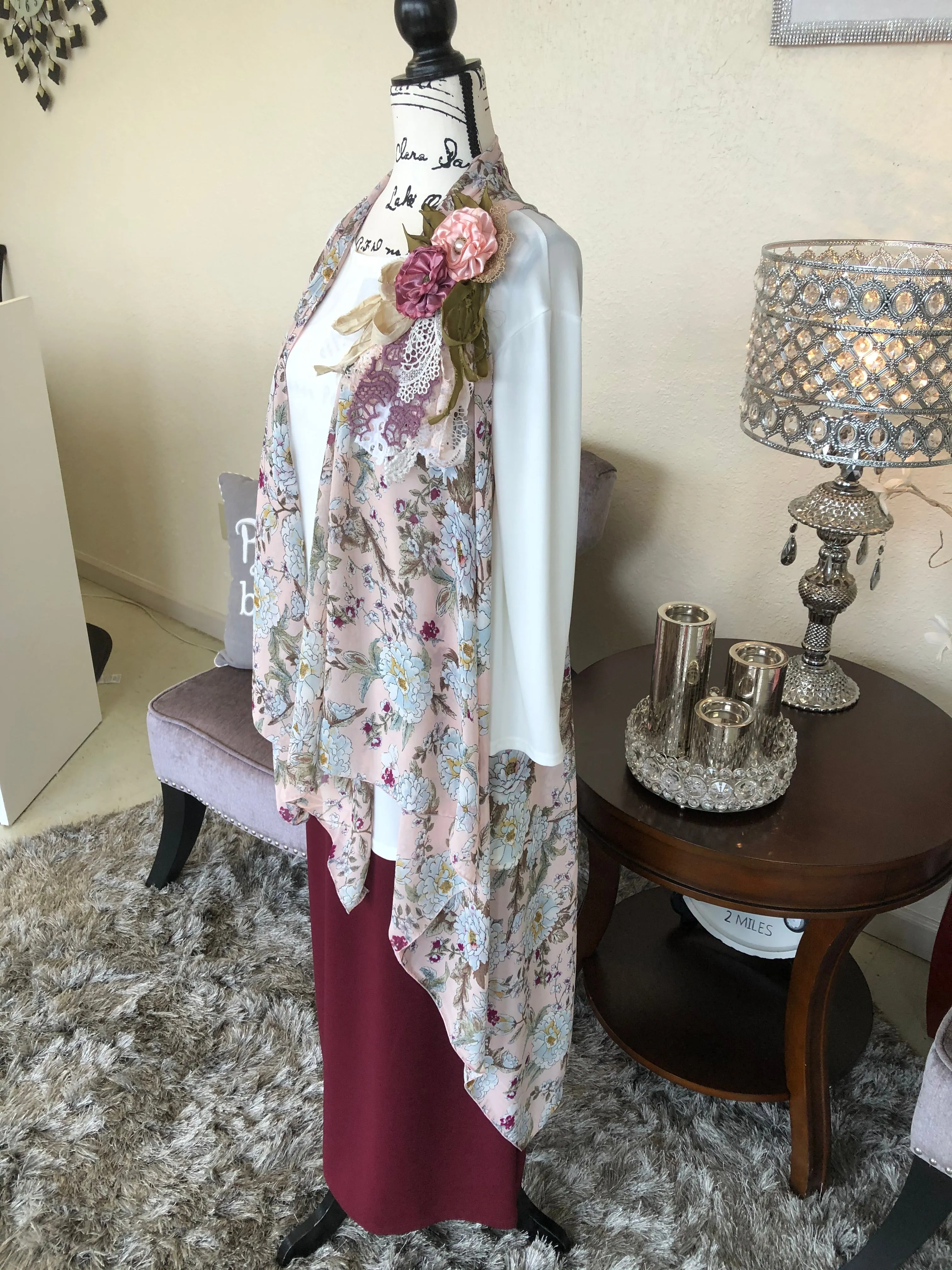 Pink Floral Chiffon Scarf Vest (OS)