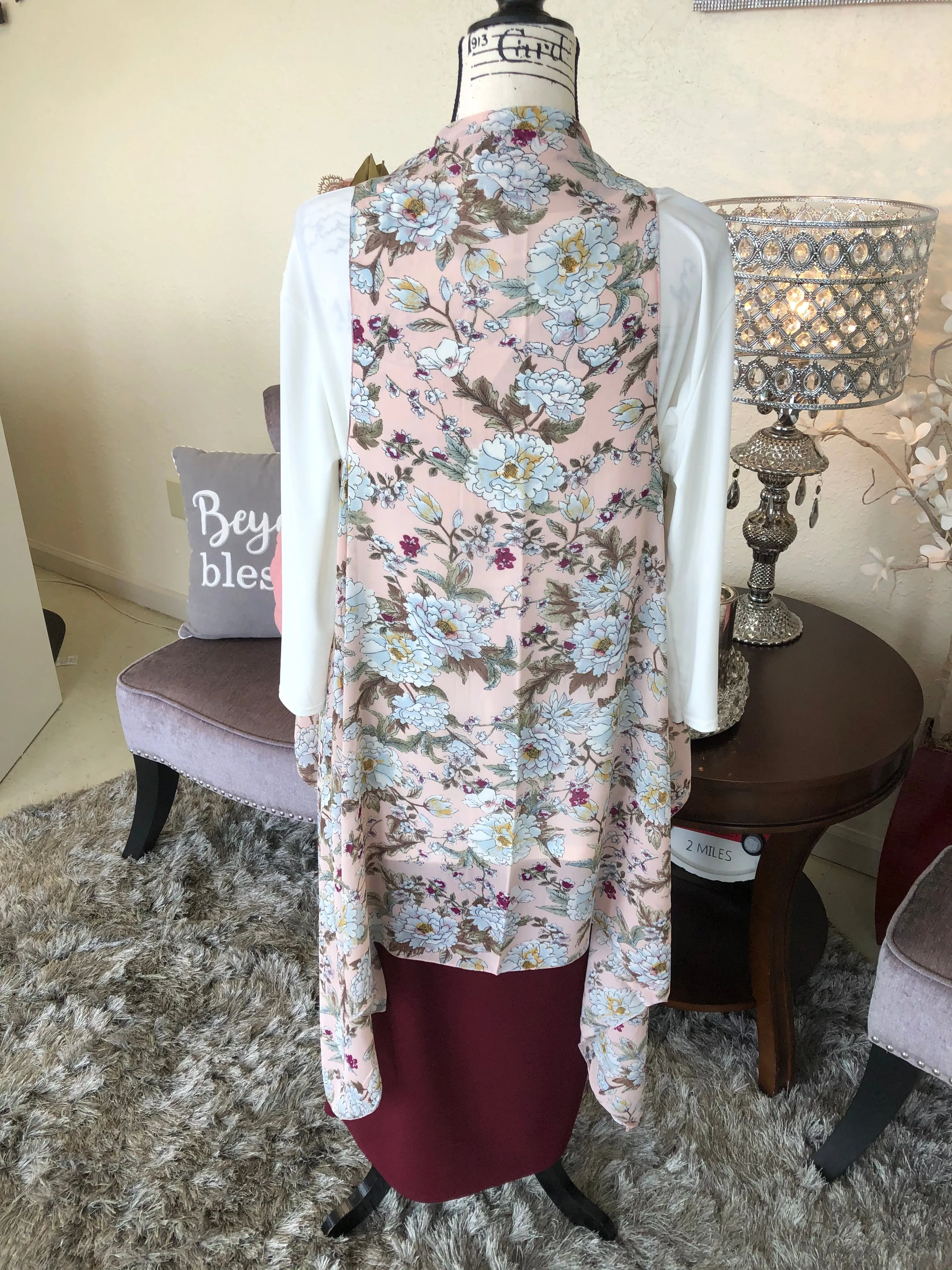 Pink Floral Chiffon Scarf Vest (OS)