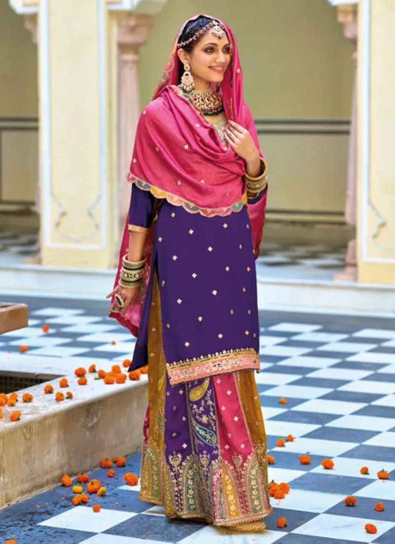 Purple And Pink Multi Embroidery Festive Lehenga Kurti