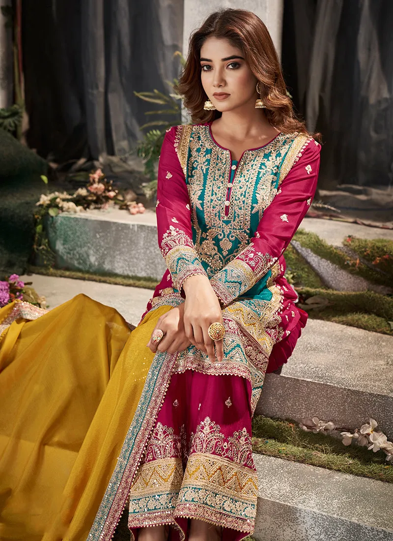 Rani Pink And Firozi Embroidery Traditional Palazzo Suit