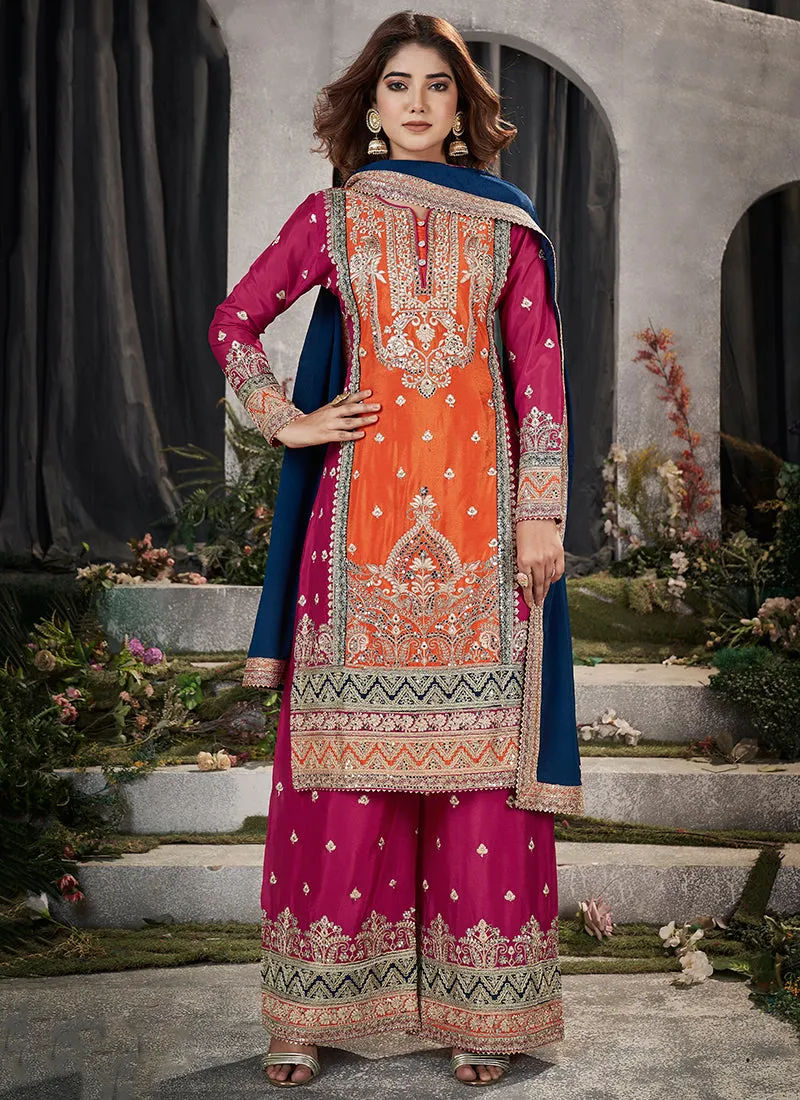 Rani Pink And Orange Embroidery Traditional Palazzo Suit