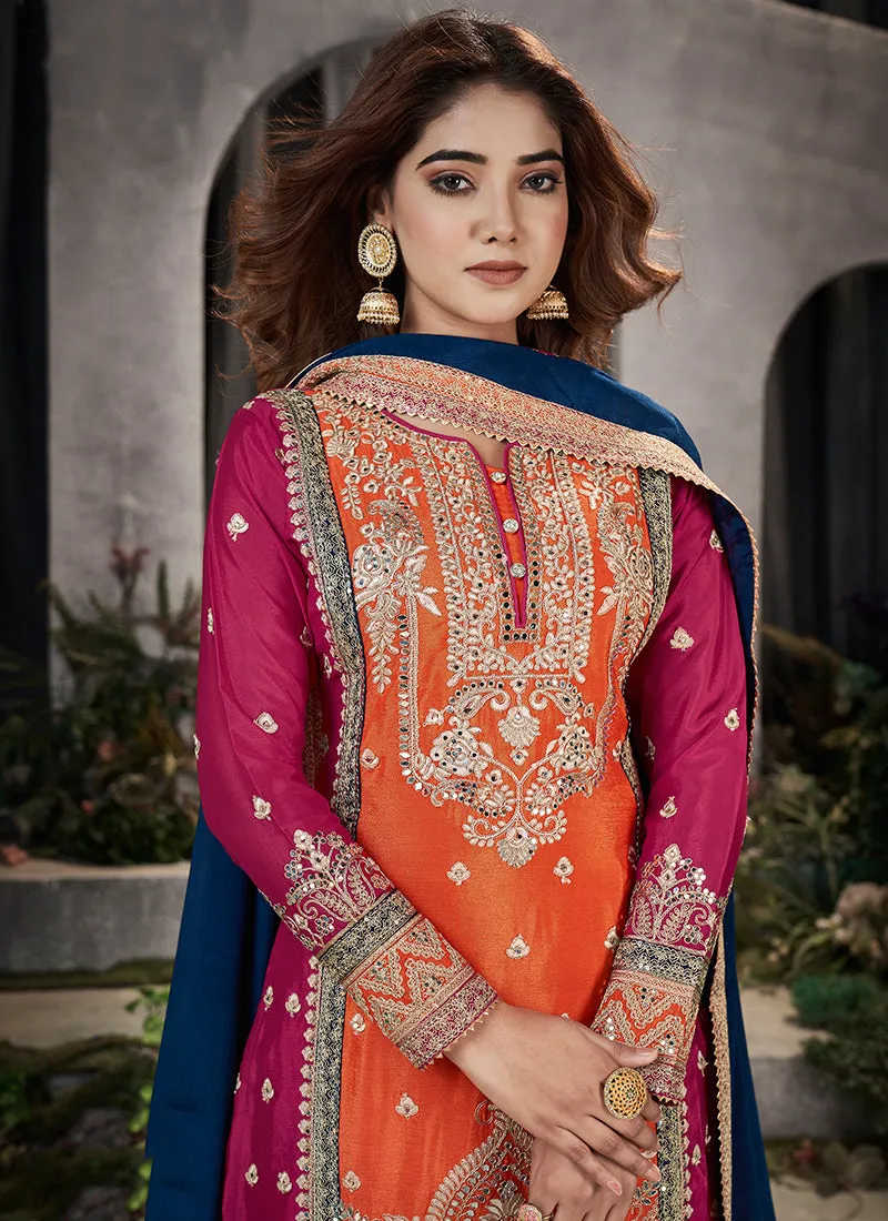 Rani Pink And Orange Embroidery Traditional Palazzo Suit