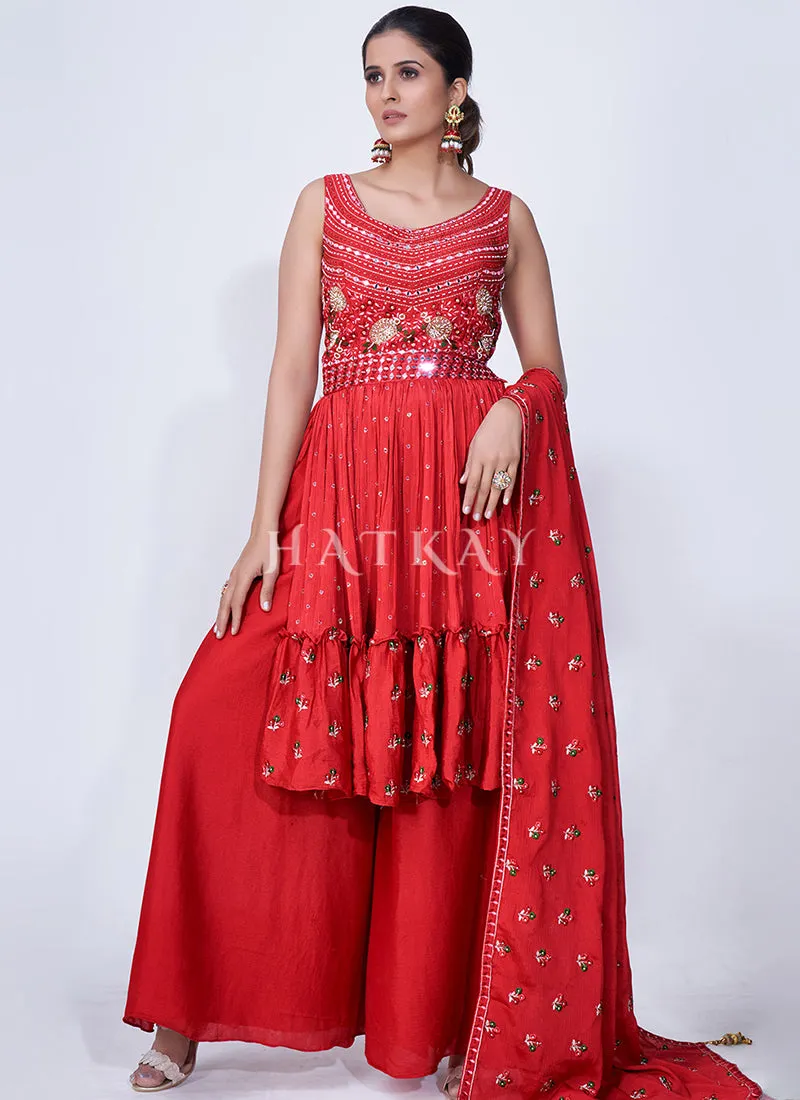 Red Mirror Work Multi Embroidery Chiffon Palazzo Suit