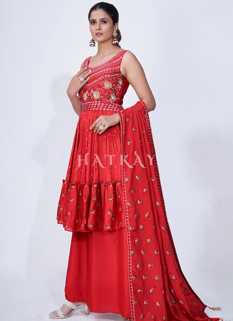 Red Mirror Work Multi Embroidery Chiffon Palazzo Suit