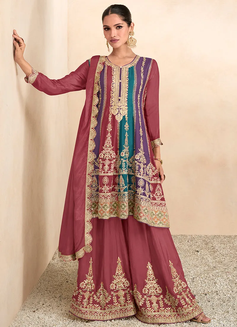 Rose Pink Sequence Embroidery Anarkali Gharara Suit