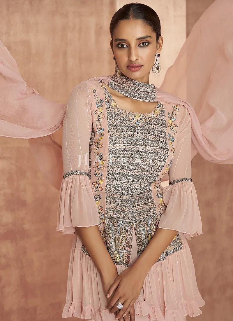 Soft Peach Sequence Embroidered Gharara Style Suit