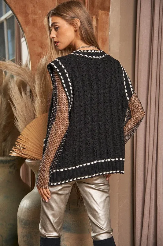 Solid V-Neck Sleeveless Pocket Detail Sweater