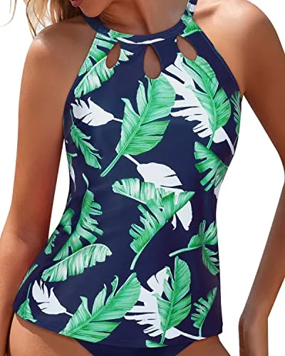 Stylish Halter Keyhole Design High Neck Tankini Top-Blue Leaf