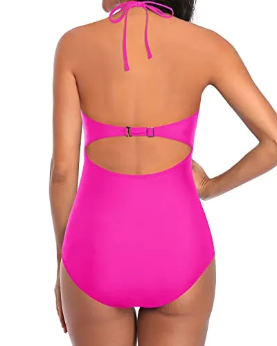 Stylish Open Back Swimwear Tie Knot Back Bathing Suit-Neon Pink