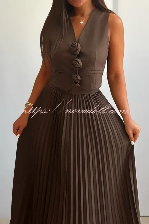 Stylish Rosette Sleeveless Tank Top and Pleated Maxi Skirt Set