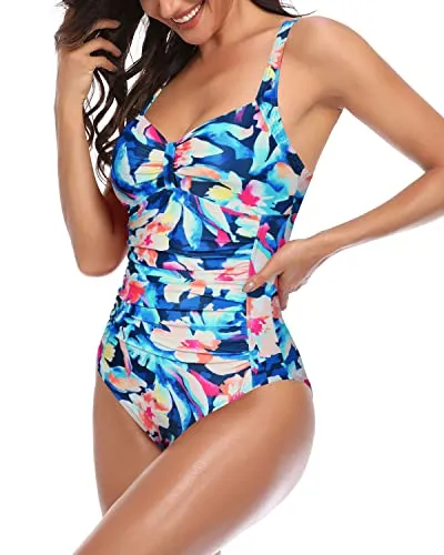 Stylish Ruched Pattern One Piece Bathing Suits For Women-Dark Blue Flowers