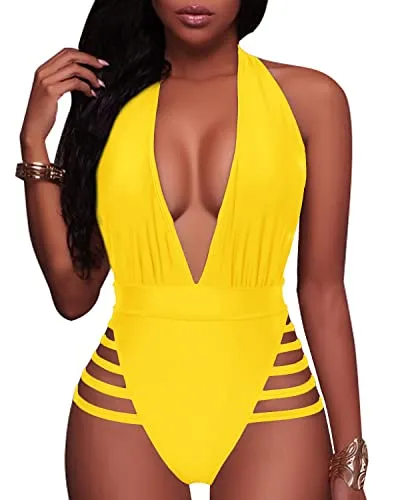 Stylish Strappy Cutout Plunge Deep V Neck One Piece Swimsuits-Neon Yellow