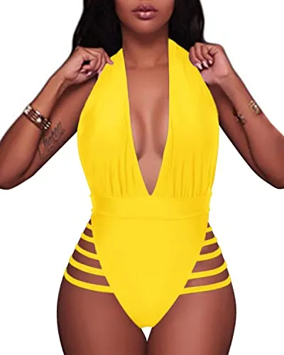 Stylish Strappy Cutout Plunge Deep V Neck One Piece Swimsuits-Neon Yellow