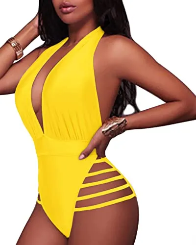 Stylish Strappy Cutout Plunge Deep V Neck One Piece Swimsuits-Neon Yellow