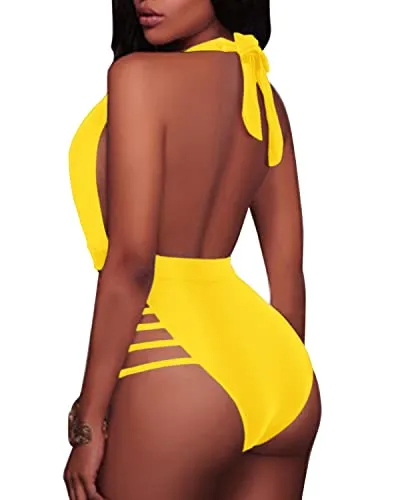 Stylish Strappy Cutout Plunge Deep V Neck One Piece Swimsuits-Neon Yellow