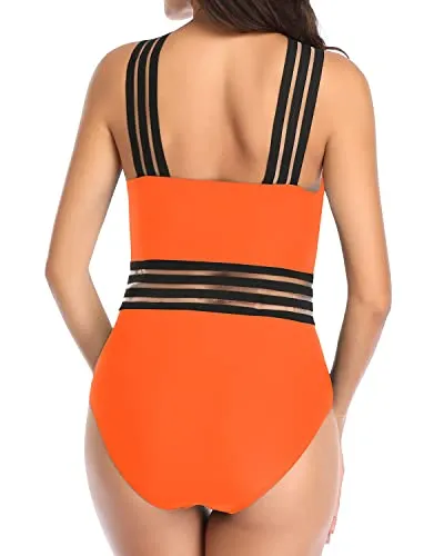 Stylish Stripe Bands One Piece Tummy Control Bathing Suit-Neon Orange