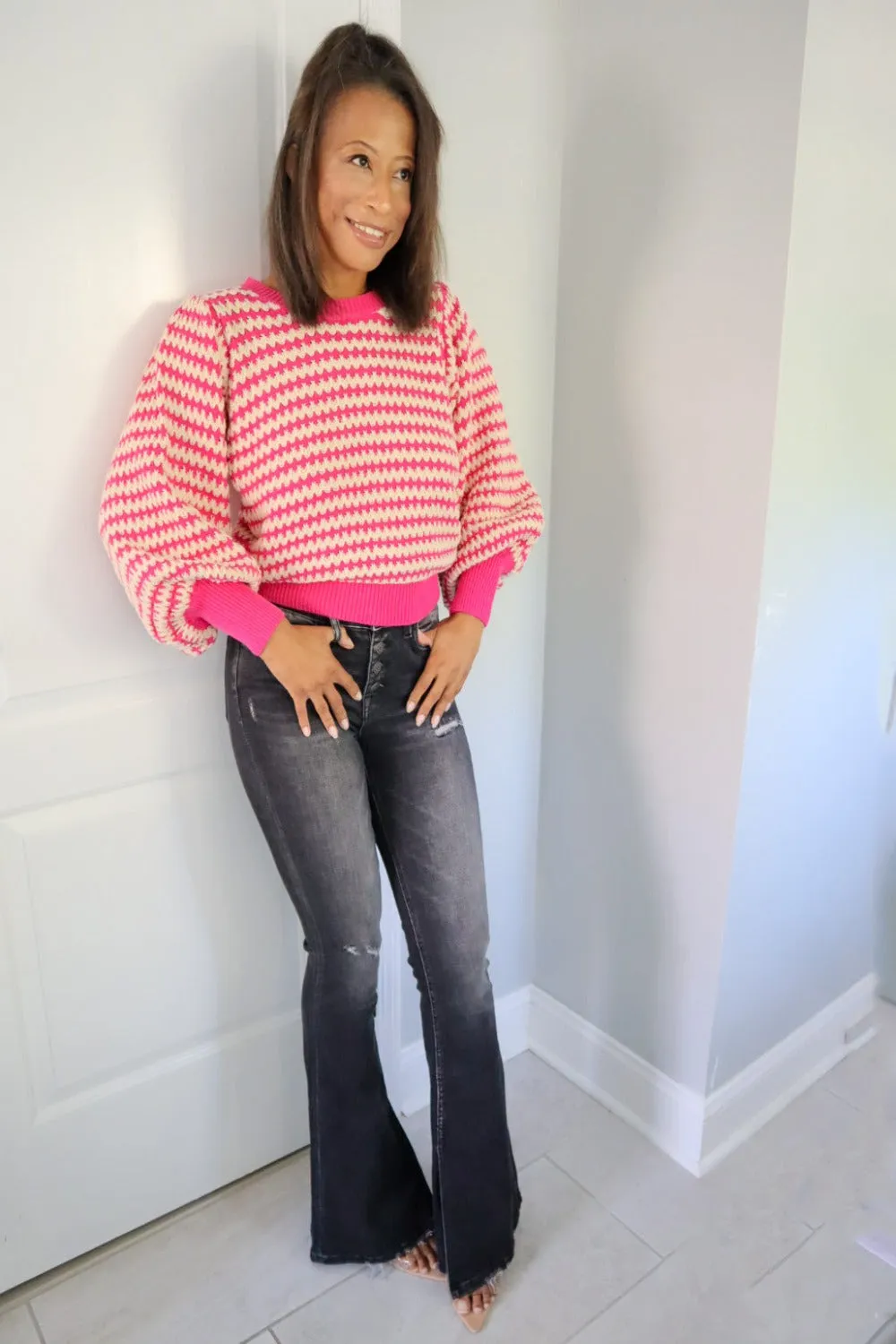 The Geneva Striped Ballon Sleeve Knit Sweater