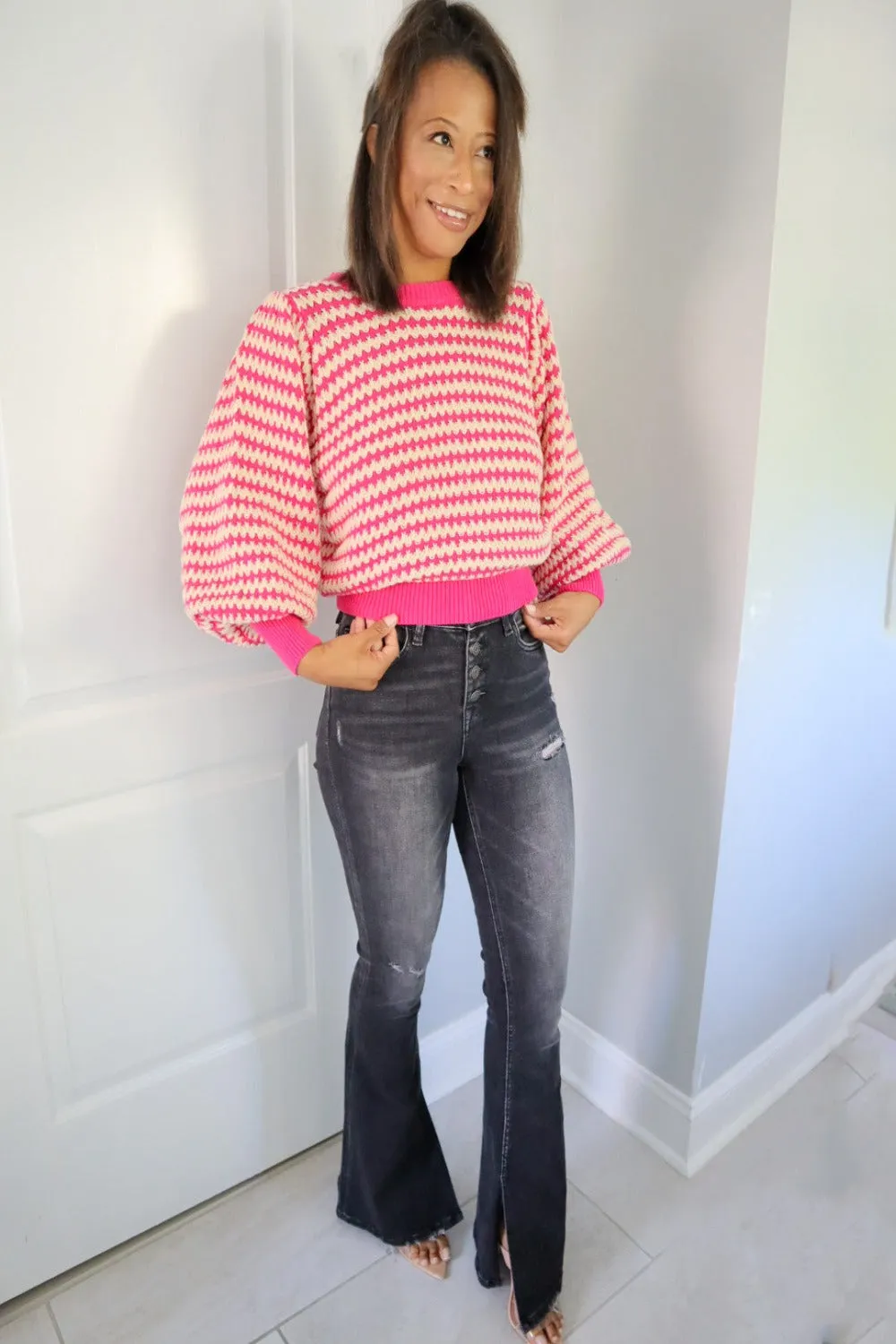 The Geneva Striped Ballon Sleeve Knit Sweater