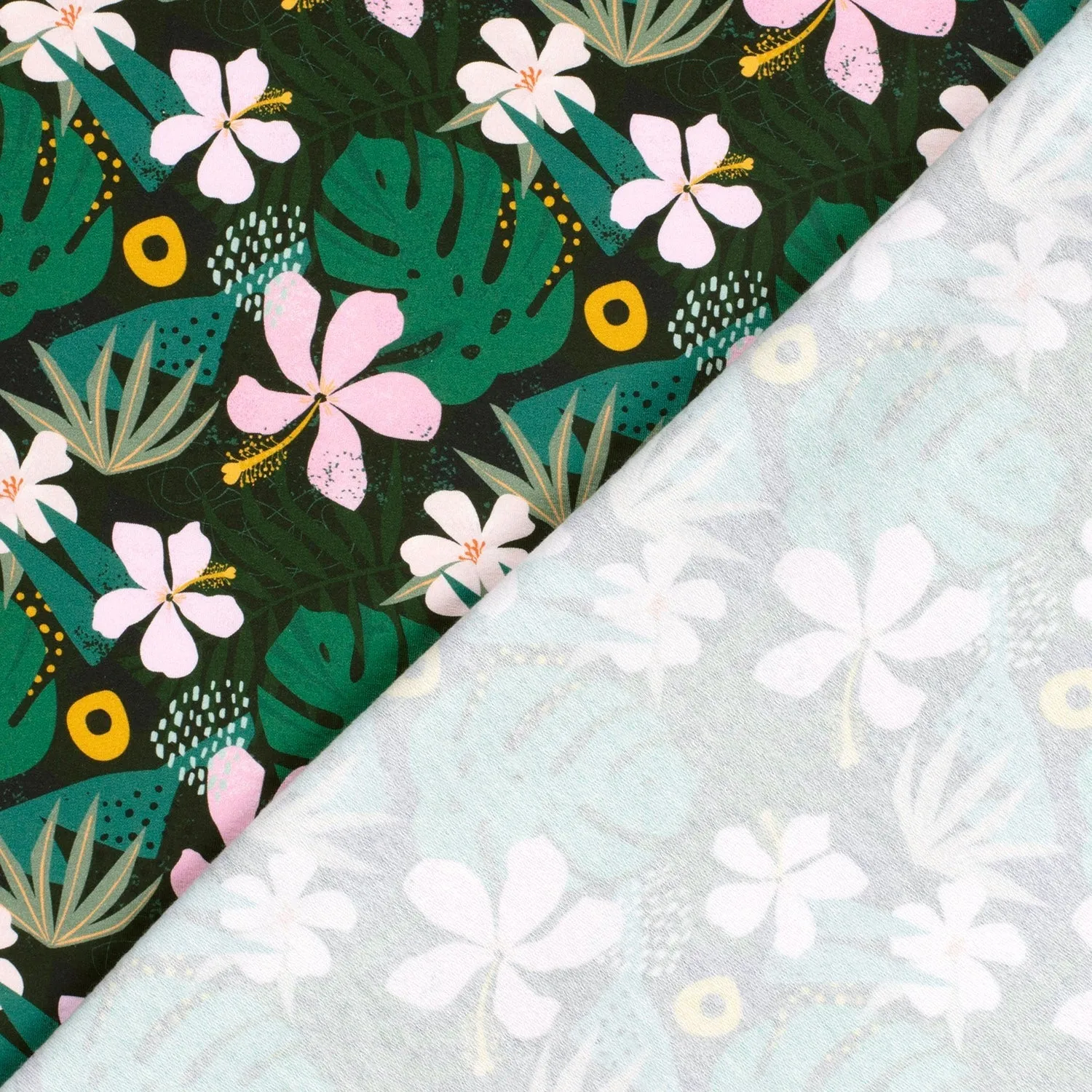 Tropical Flowers - French Terry Fabric - Dark Green