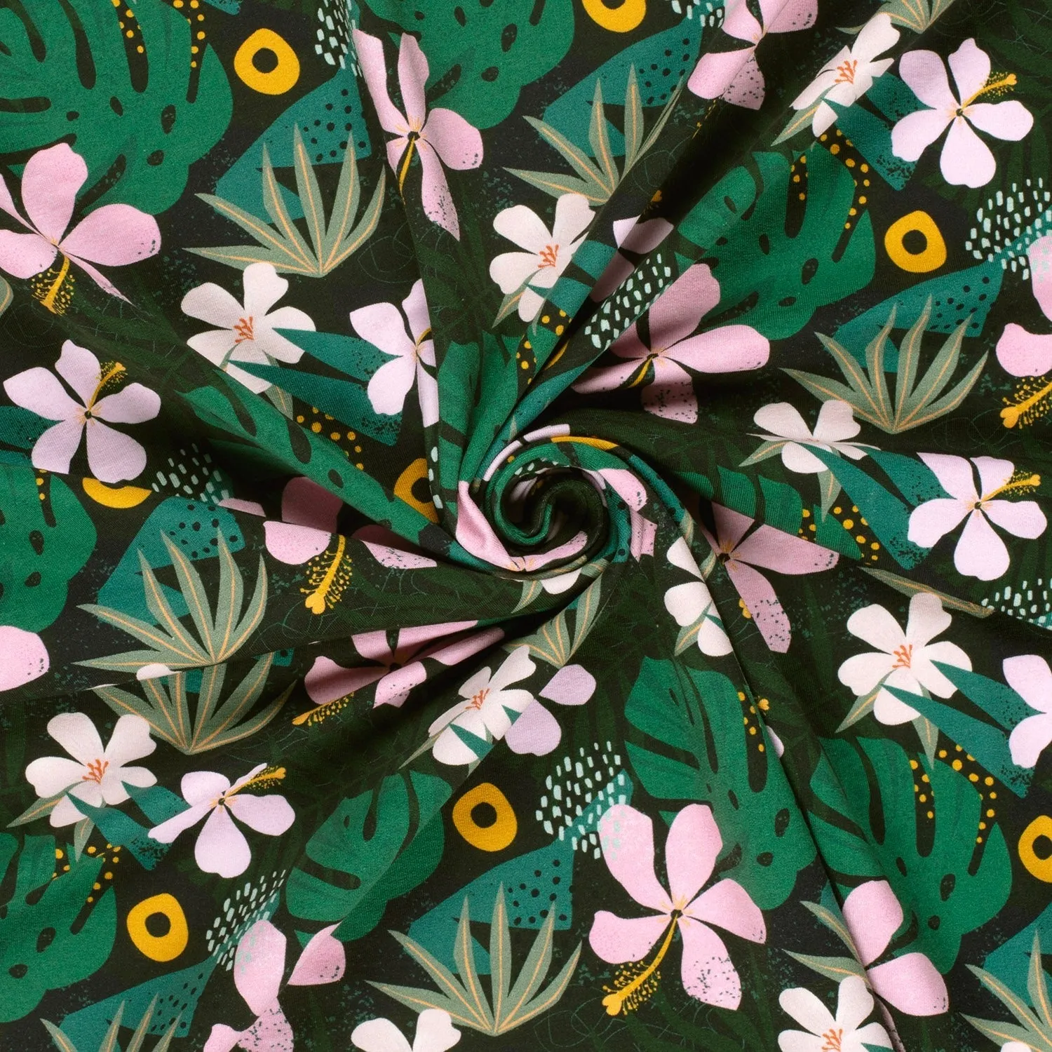 Tropical Flowers - French Terry Fabric - Dark Green