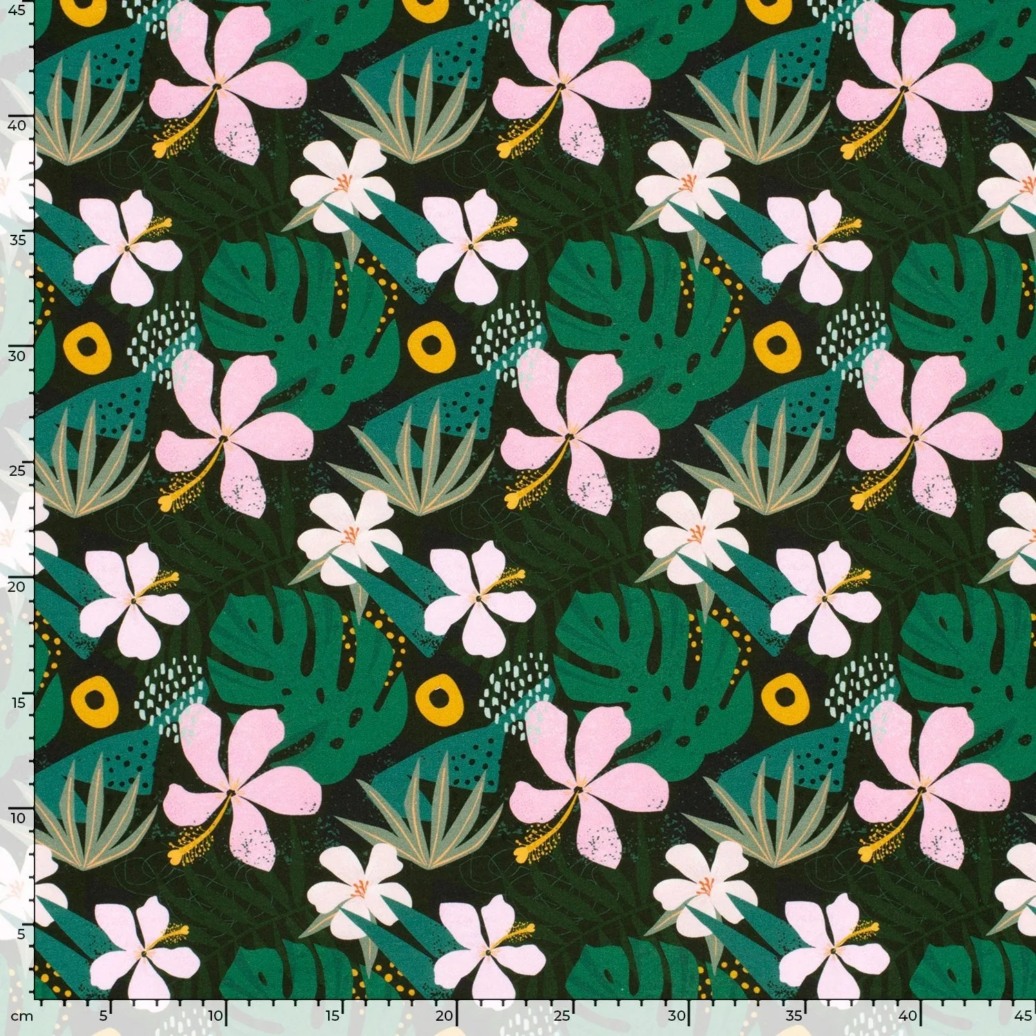 Tropical Flowers - French Terry Fabric - Dark Green