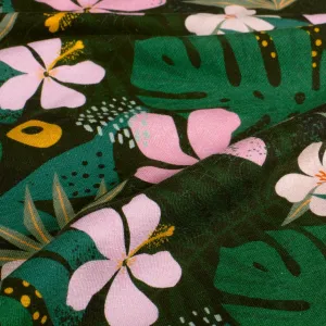 Tropical Flowers - French Terry Fabric - Dark Green