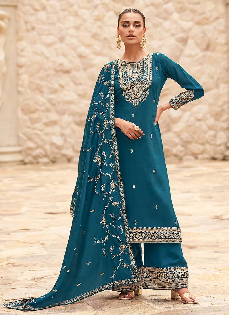 Turquoise Blue Traditional Embroidery Palazzo Style Suit